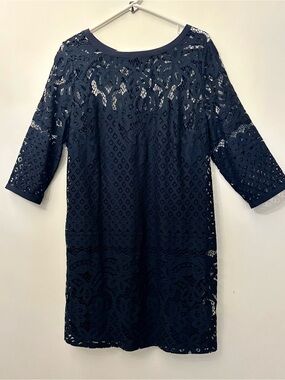 LOFT Navy Lace Shift Dress with 3/4 Sleeves